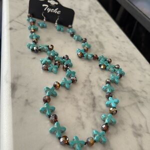 Turquoise Blue cross and bead 30” necklace and earring set